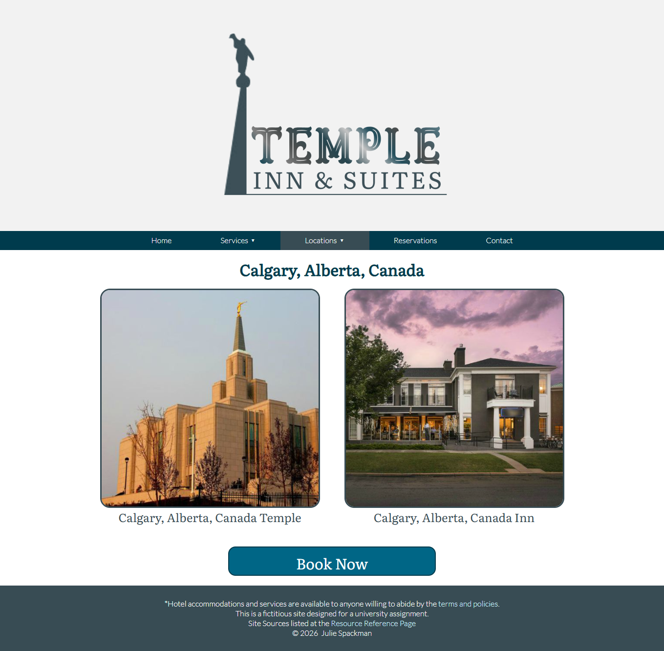 Images of the fictitious Temple Inn & Suites Website