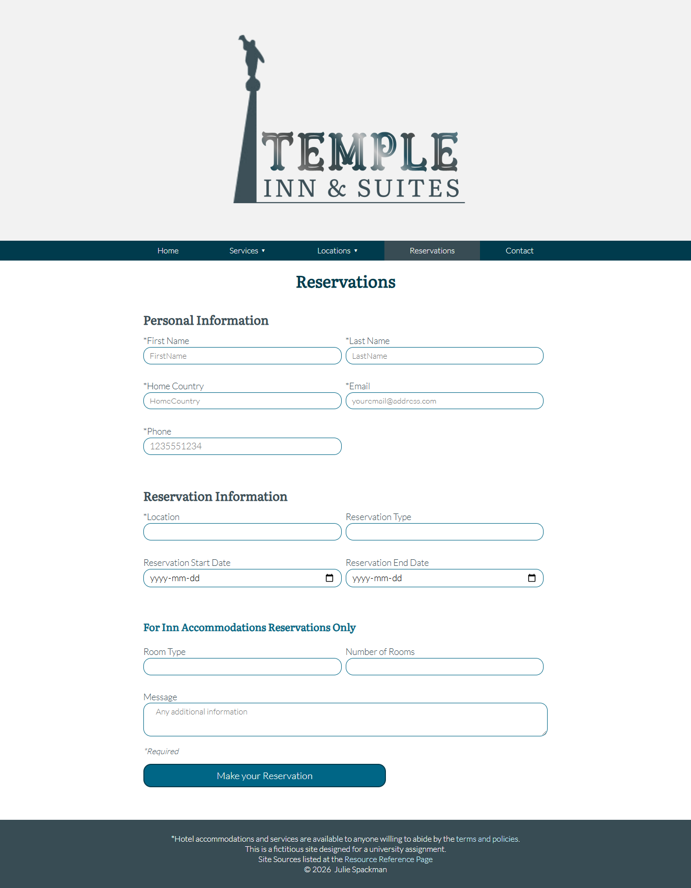 Images of the fictitious Temple Inn & Suites Website