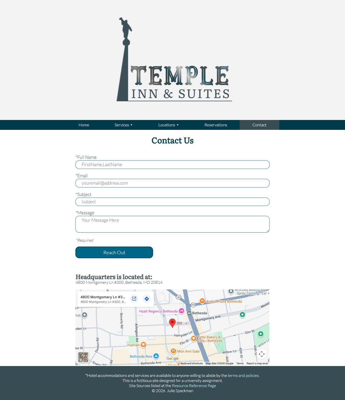 Images of the fictitious Temple Inn & Suites Website