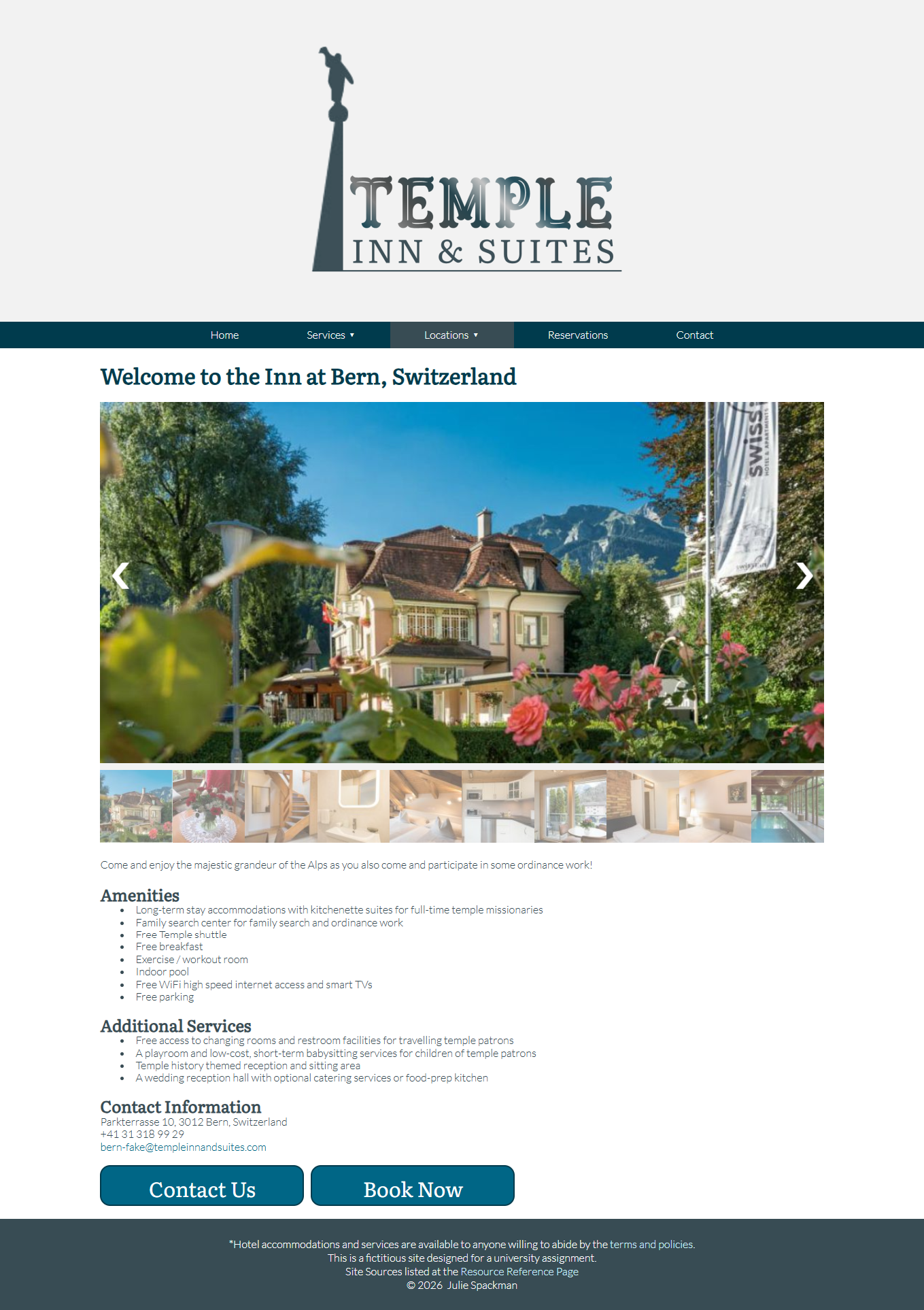Images of the fictitious Temple Inn & Suites Website