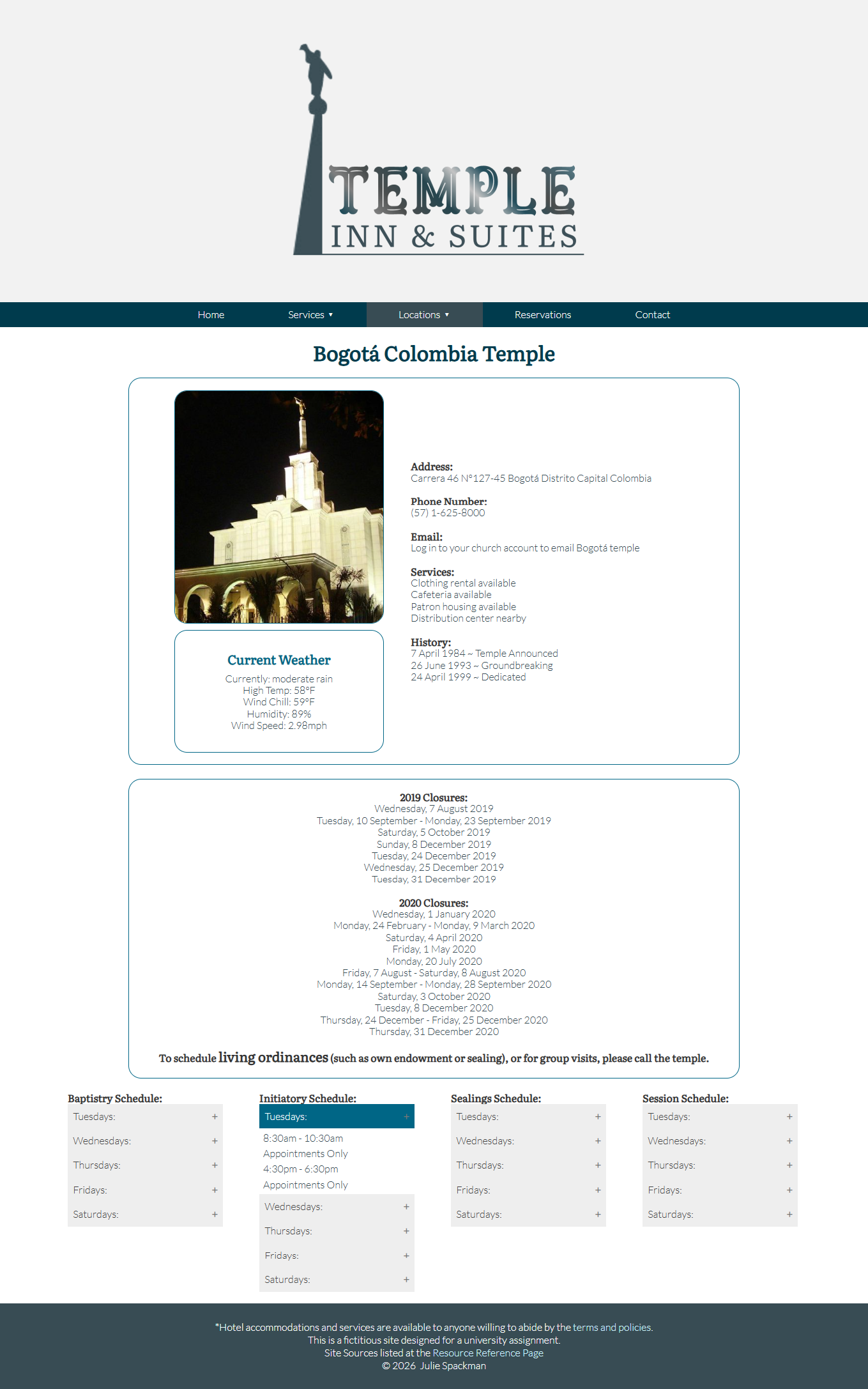 Images of the fictitious Temple Inn & Suites Website