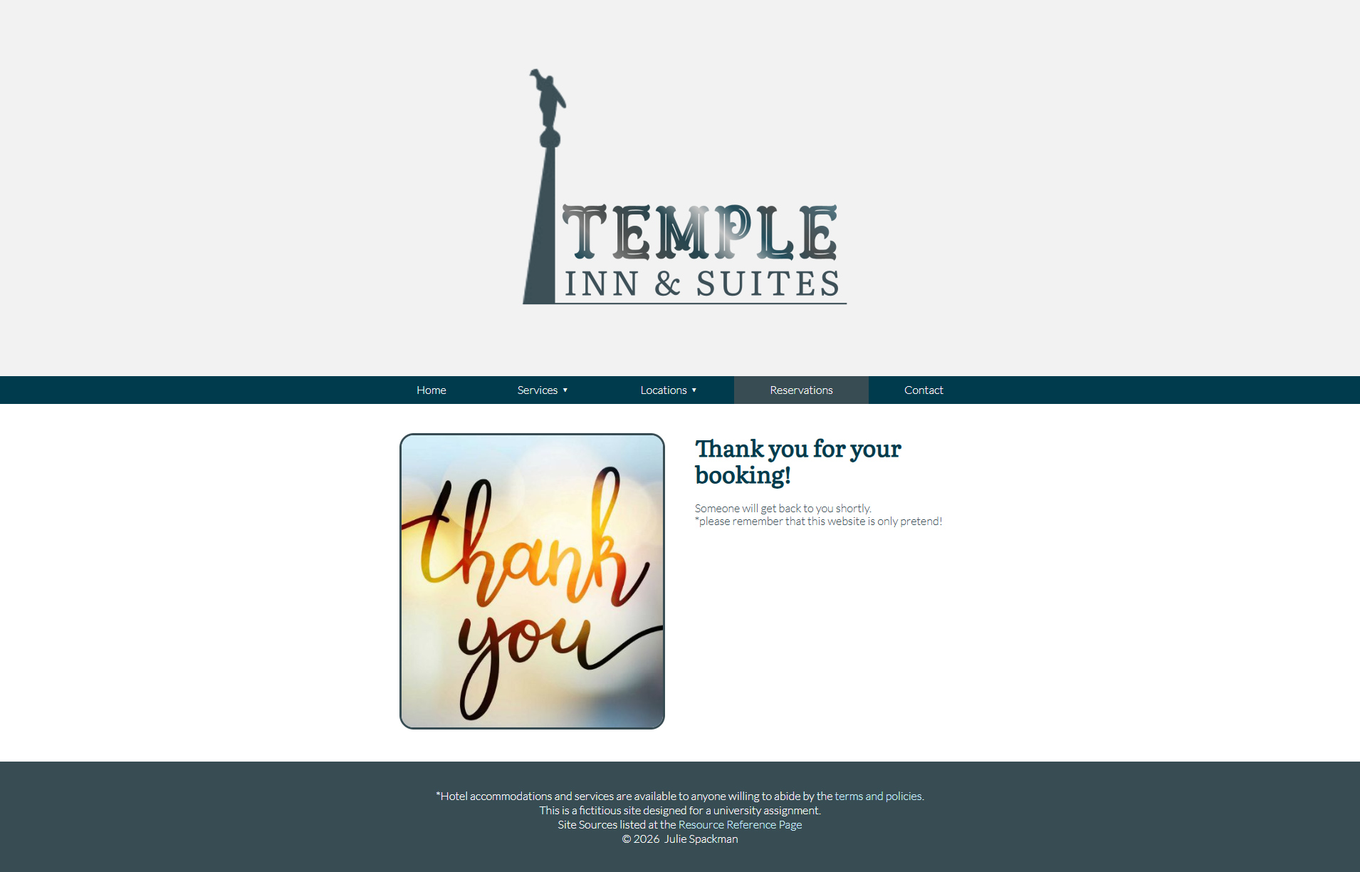 Images of the fictitious Temple Inn & Suites Website