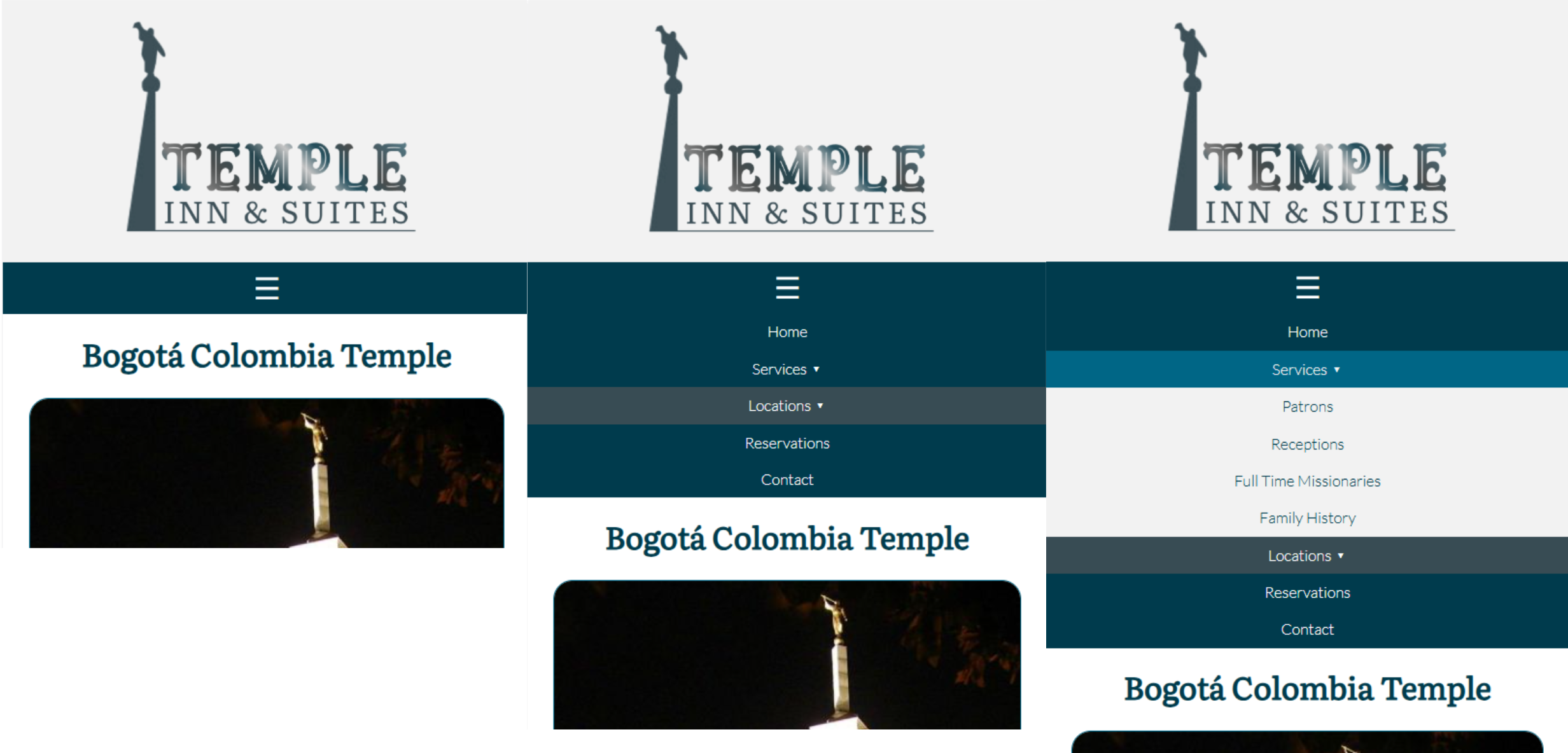 Images of the fictitious Temple Inn & Suites Website