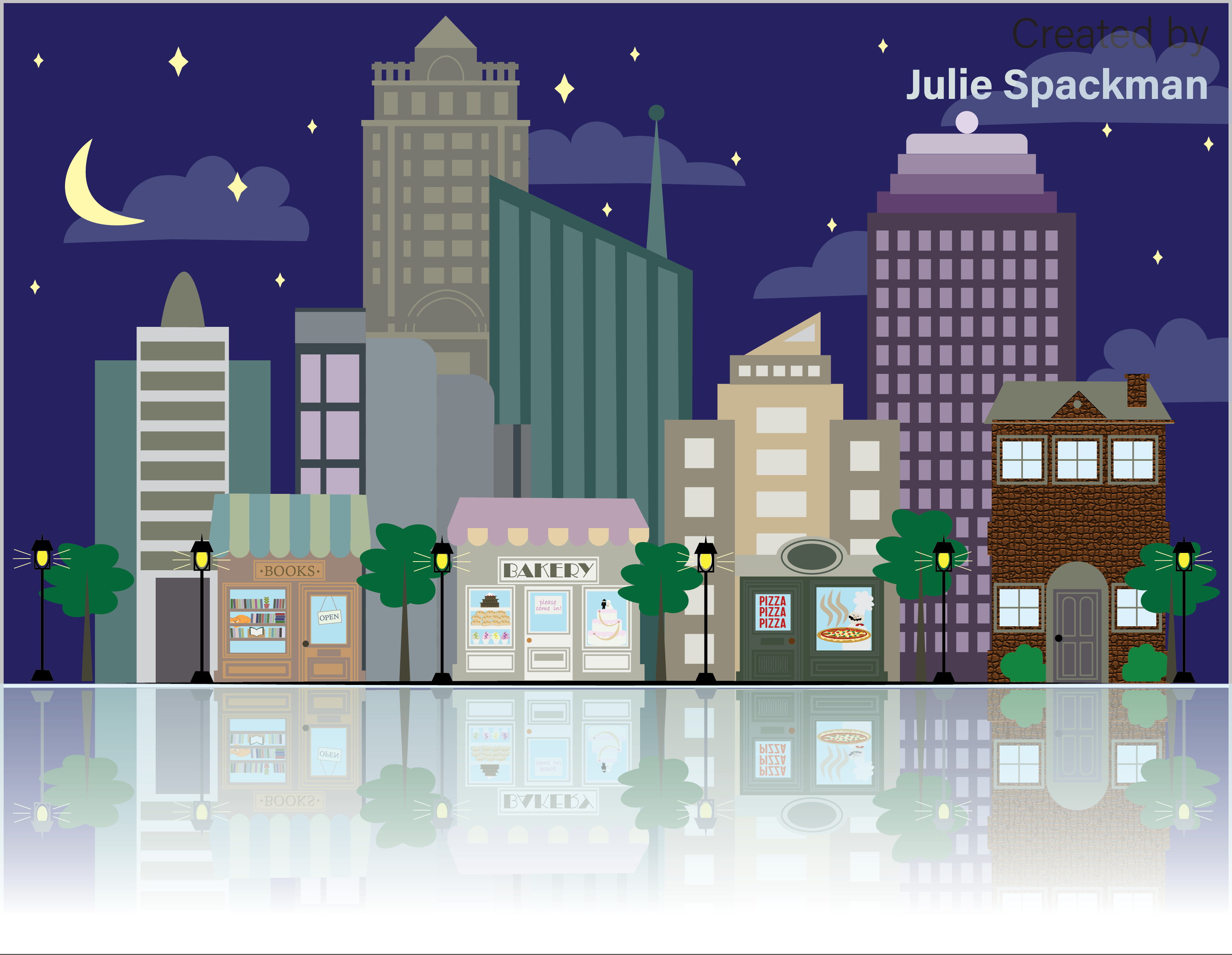 Julie's class project using Adobe Illustrator to make a city scene.