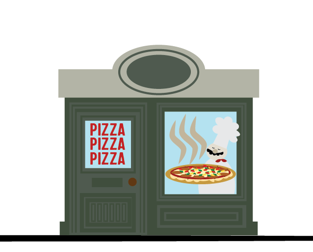The pizzaria from Julie's class project using Adobe Illustrator to make a city scene.